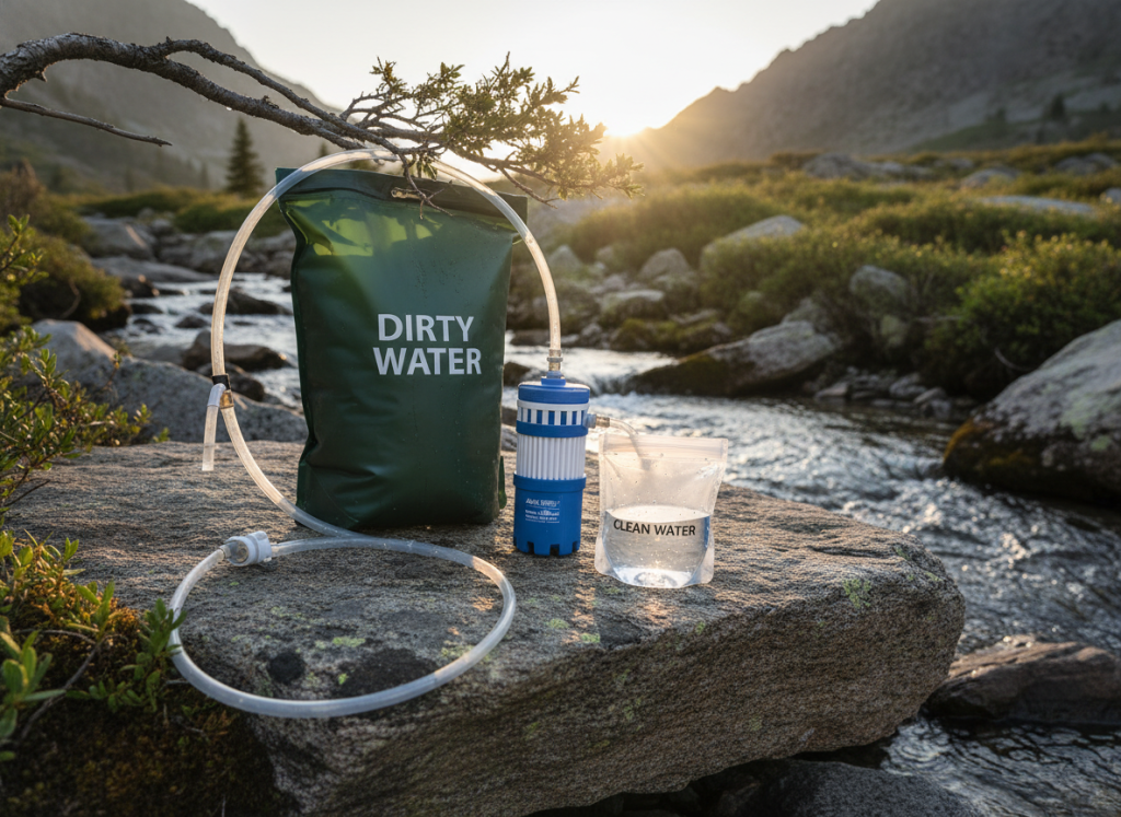 AquaPure gravity water filter system with reservoir bags and tubing