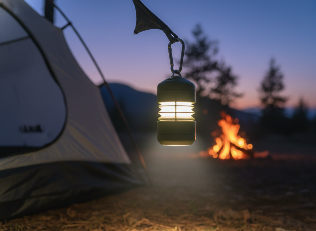 BaseCamp LED lantern glowing at campsite
