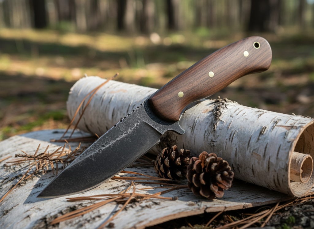 Bushcraft fixed-blade knife with wood handle on birch bark