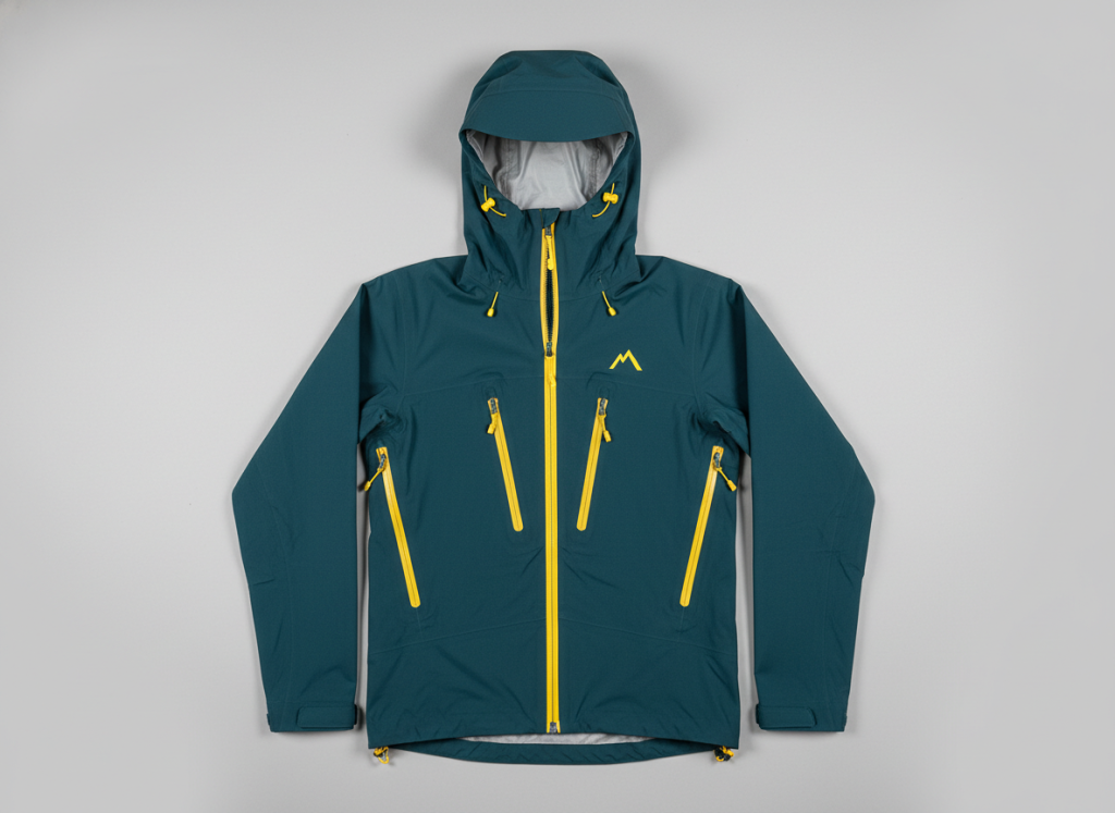 StormShell hardshell rain jacket in teal and yellow