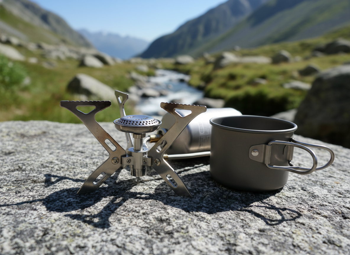 Compact titanium camp stove on granite rock